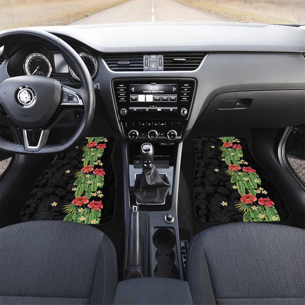 Hawaiian Hibiscus Plumeria Car Mats Tropical Leaves LT01 Set 2pcs - Front Black - Polynesian Pride