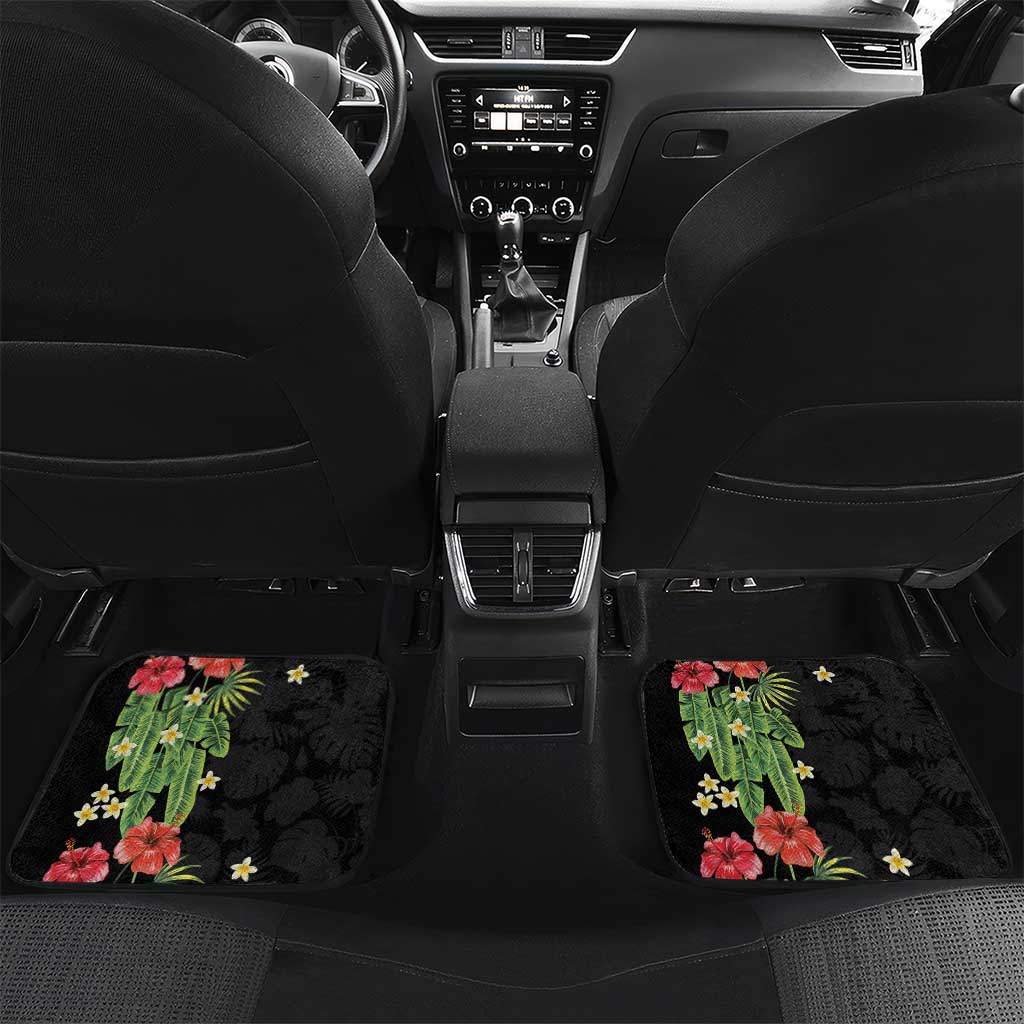 Hawaiian Hibiscus Plumeria Car Mats Tropical Leaves LT01 Set 2pcs - Back Black - Polynesian Pride