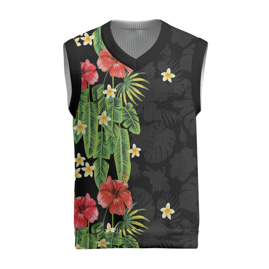 Hawaiian Hibiscus Plumeria Christmas Knitted V-Neck Vest Tropical Leaves LT01 Black - Polynesian Pride