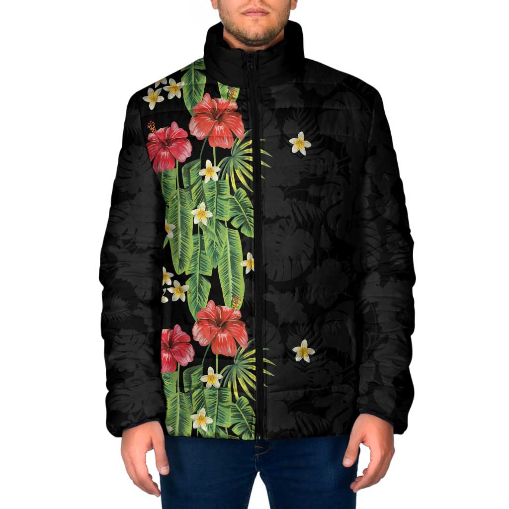 Hawaiian Hibiscus Plumeria Padded Jacket Tropical Leaves LT01 Men Black - Polynesian Pride