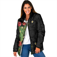 Hawaiian Hibiscus Plumeria Padded Jacket Tropical Leaves LT01 Women Black - Polynesian Pride