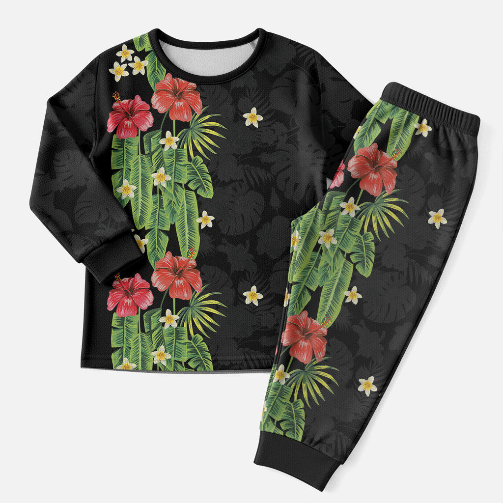 Hawaiian Hibiscus Plumeria Christmas Pajama Set Tropical Leaves LT01 Men Black - Polynesian Pride