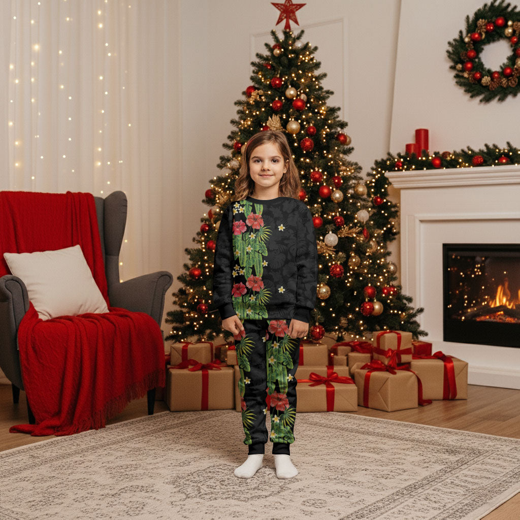 Hawaiian Hibiscus Plumeria Christmas Pajama Set Tropical Leaves LT01 Kid Black - Polynesian Pride