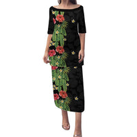 Hawaiian Hibiscus Plumeria Puletasi Tropical Leaves LT01 Long Dress Black - Polynesian Pride