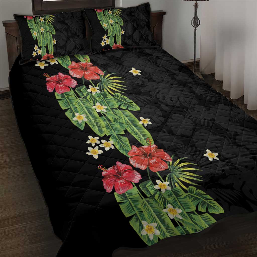 Hawaiian Hibiscus Plumeria Quilt Bed Set Tropical Leaves LT01 Black - Polynesian Pride