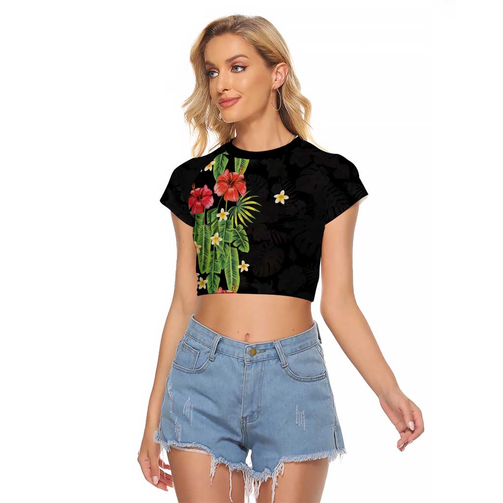 Hawaiian Hibiscus Plumeria Raglan Cropped T Shirt Tropical Leaves LT01 Female Black - Polynesian Pride
