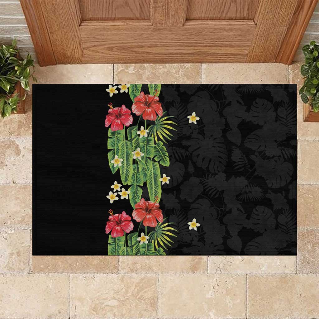 Hawaiian Hibiscus Plumeria Rubber Doormat Tropical Leaves LT01 Black - Polynesian Pride