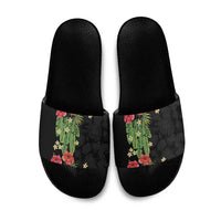 Hawaiian Hibiscus Plumeria Slide Sandals Tropical Leaves LT01 Black - Polynesian Pride