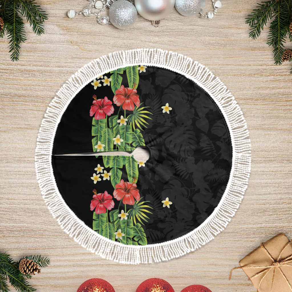 Hawaiian Hibiscus Plumeria Tree Skirt Tropical Leaves LT01 Fringed Black - Polynesian Pride