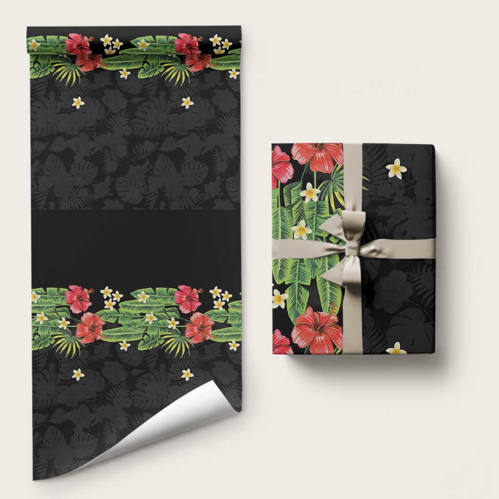 Hawaiian Hibiscus Plumeria Wrapping Paper Tropical Leaves LT01 58" × 23" Black - Polynesian Pride