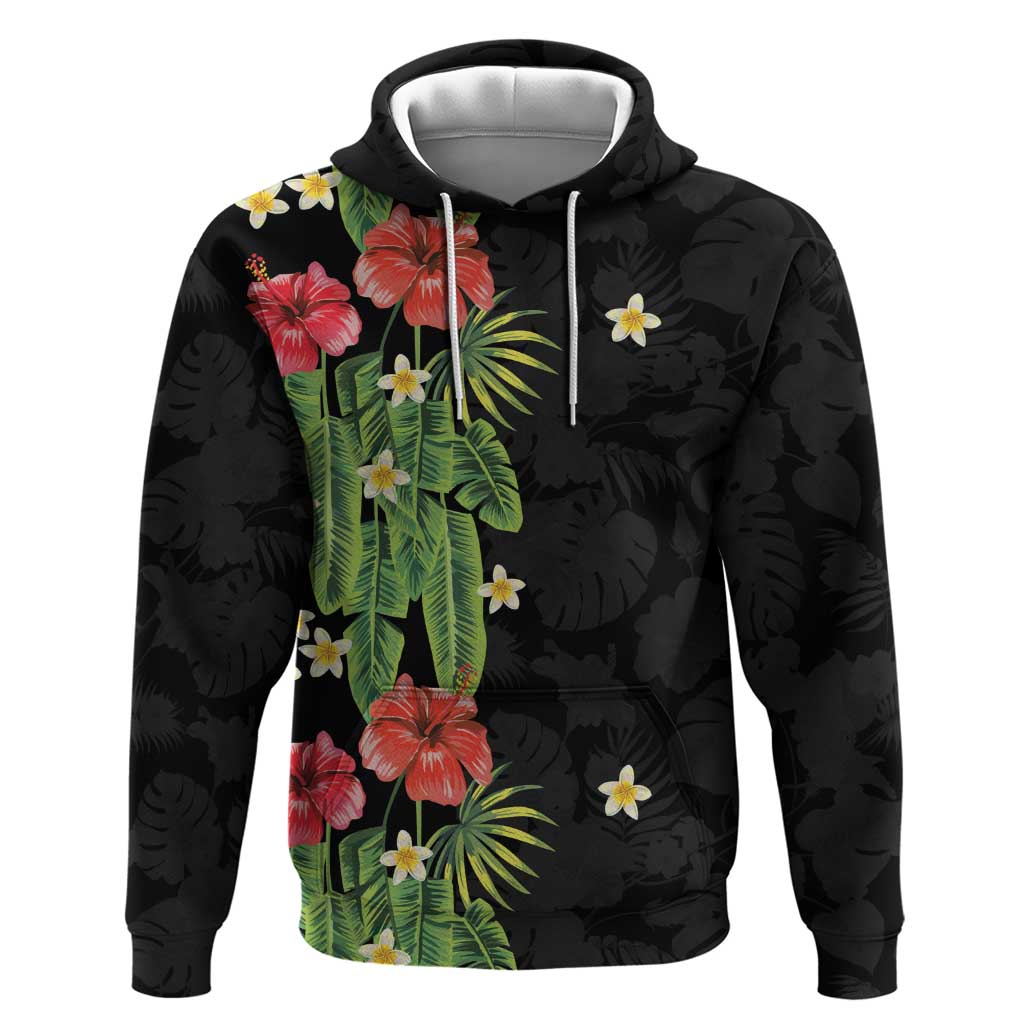 Hawaiian Hibiscus Plumeria Zip Hoodie Tropical Leaves LT01 Pullover Hoodie Black - Polynesian Pride