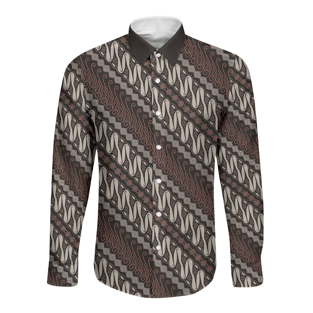 Yogyakarta Parang Batik Motifs Long Sleeve Button Shirt Indonesian Traditional Pattern LT01 Unisex Brown - Polynesian Pride