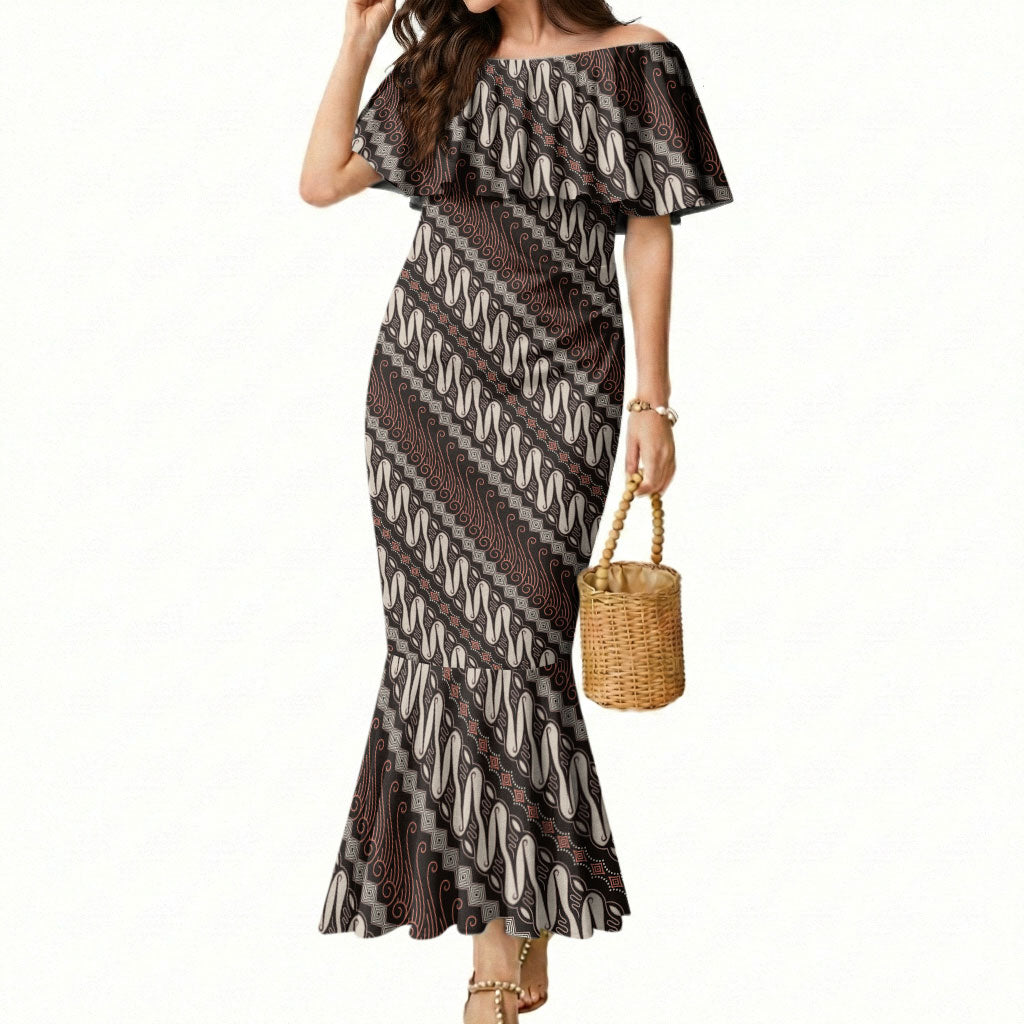 Yogyakarta Parang Batik Motifs Mermaid Dress Indonesian Traditional Pattern LT01 Women Brown - Polynesian Pride