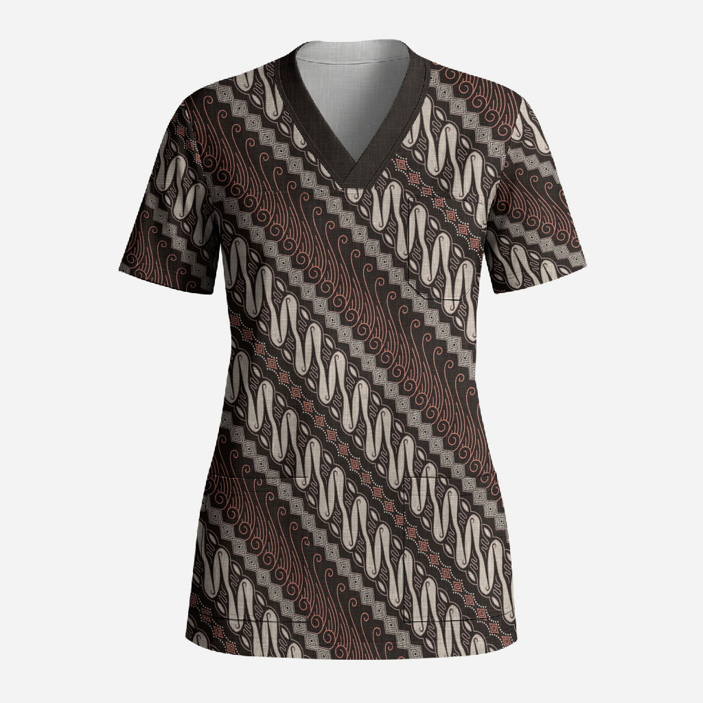 Yogyakarta Parang Batik Motifs Scrub Top Indonesian Traditional Pattern LT01 Adult Brown - Polynesian Pride