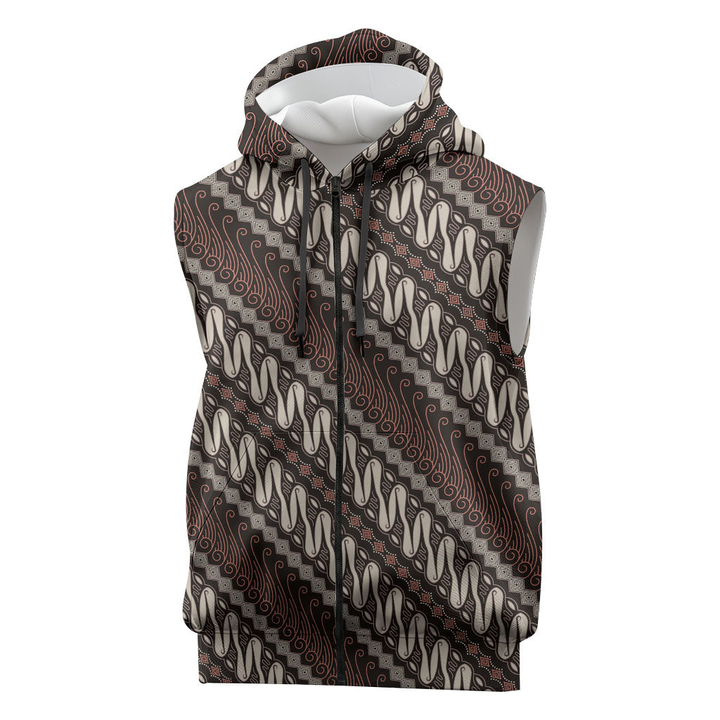 Yogyakarta Parang Batik Motifs Sleeveless Zip Hoodie Indonesian Traditional Pattern LT01 Brown - Polynesian Pride