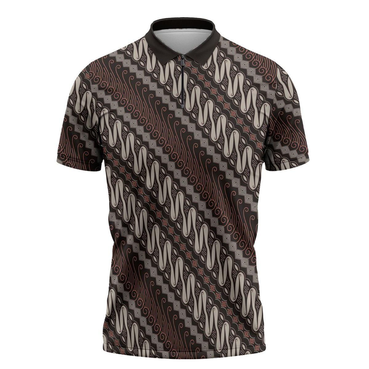 Yogyakarta Parang Batik Motifs Zipper Polo Shirt Indonesian Traditional Pattern LT01 Brown - Polynesian Pride