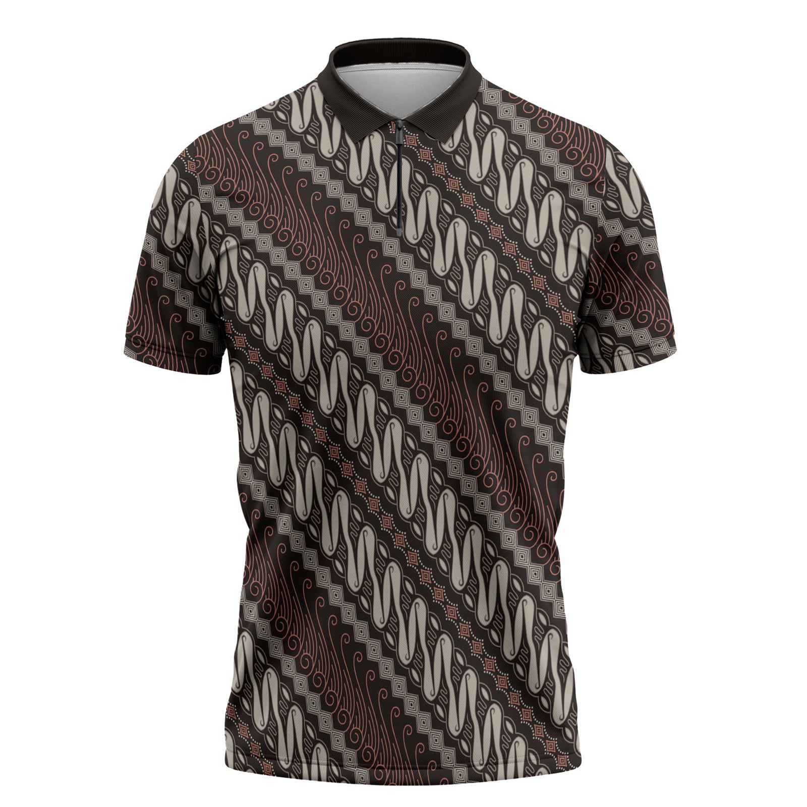 Yogyakarta Parang Batik Motifs Zipper Polo Shirt Indonesian Traditional Pattern LT01 Brown - Polynesian Pride