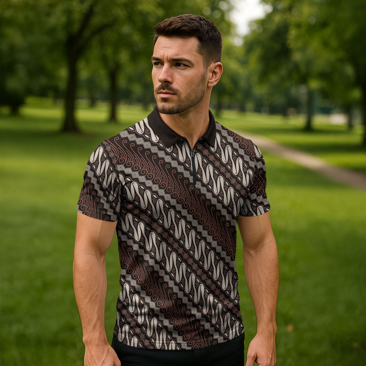 Yogyakarta Parang Batik Motifs Zipper Polo Shirt Indonesian Traditional Pattern LT01 - Polynesian Pride