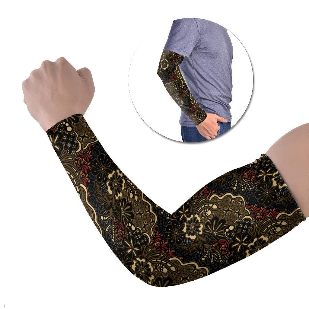 Batik Sekar Jagad Arm Sleeves Indonesian Traditional Pattern LT01 Set of 2 Black - Polynesian Pride