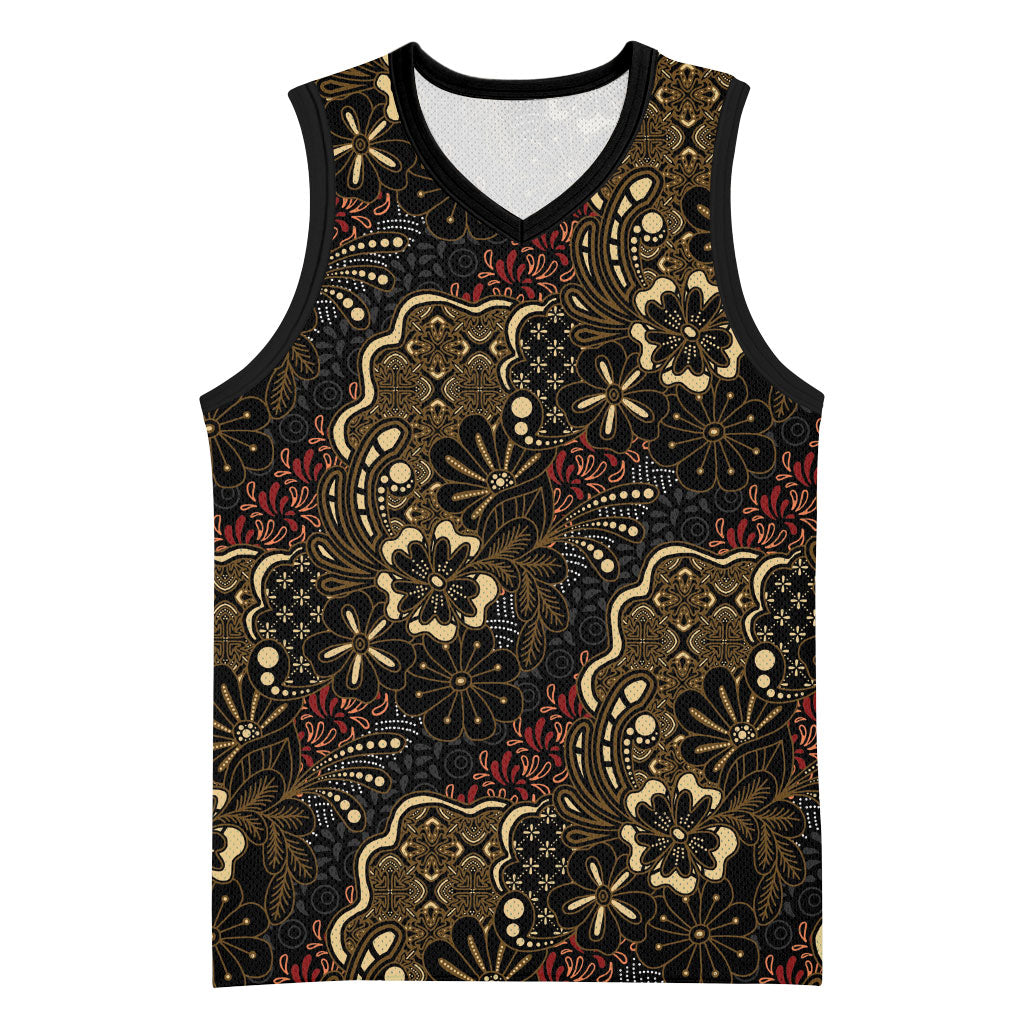 Batik Sekar Jagad Basketball Jersey Indonesian Traditional Pattern LT01 Unisex Black - Polynesian Pride