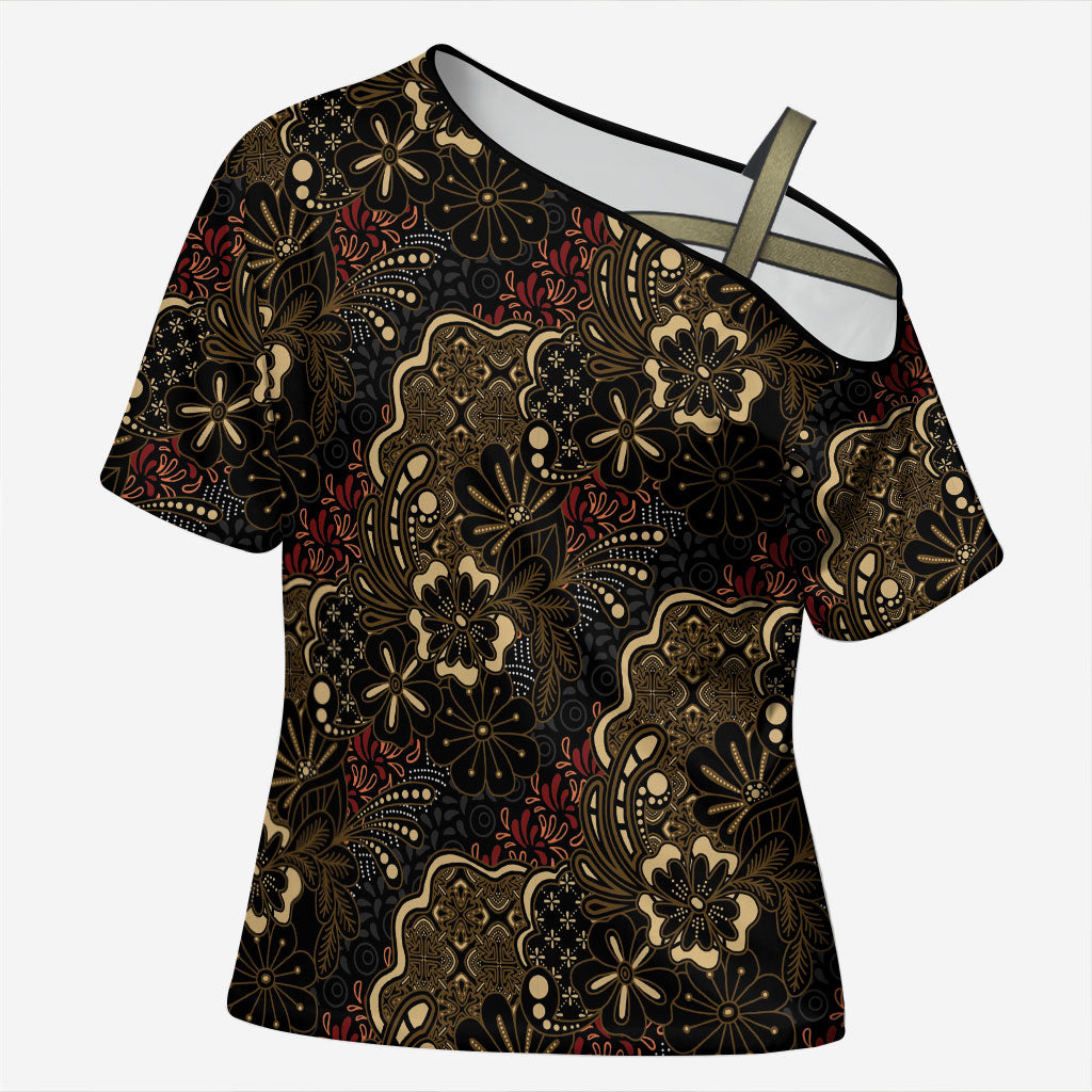 Batik Sekar Jagad Cross Shoulder Shirt Indonesian Traditional Pattern LT01 Female Black - Polynesian Pride