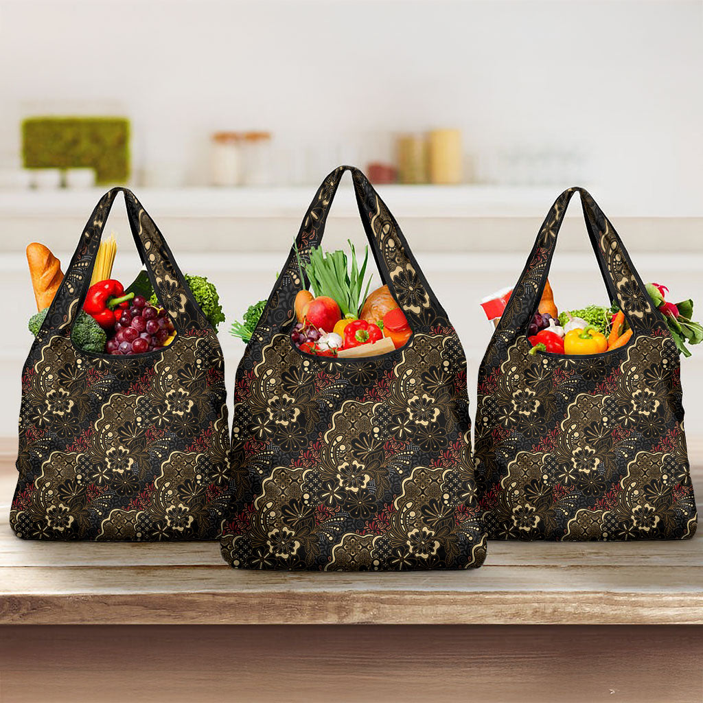 Batik Sekar Jagad Grocery Bag Indonesian Traditional Pattern LT01 3-pack One Size Black - Polynesian Pride