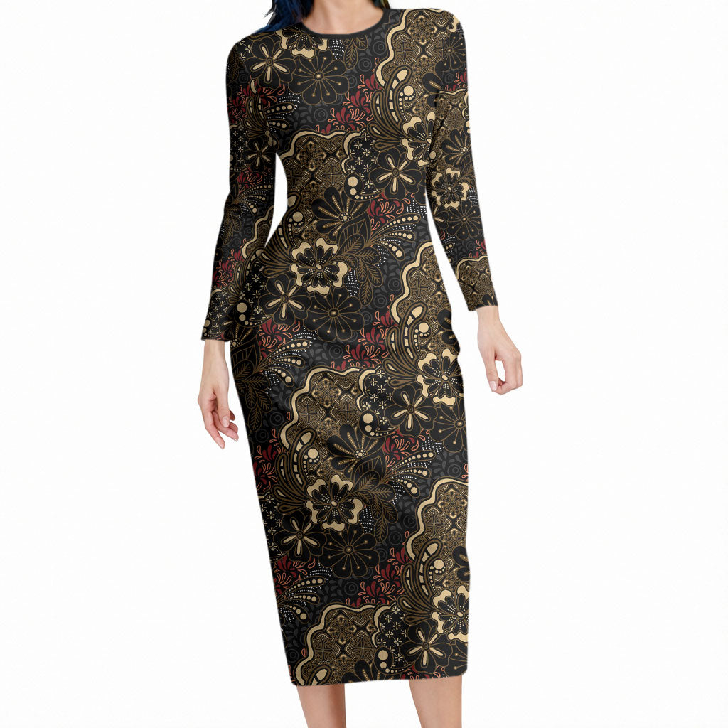 Batik Sekar Jagad Long Sleeve Bodycon Dress Indonesian Traditional Pattern LT01 Long Dress Black - Polynesian Pride