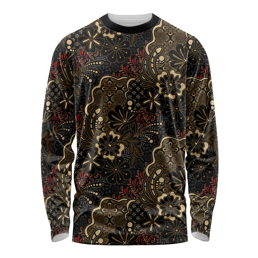 Batik Sekar Jagad Long Sleeve Shirt Indonesian Traditional Pattern LT01 Unisex Black - Polynesian Pride