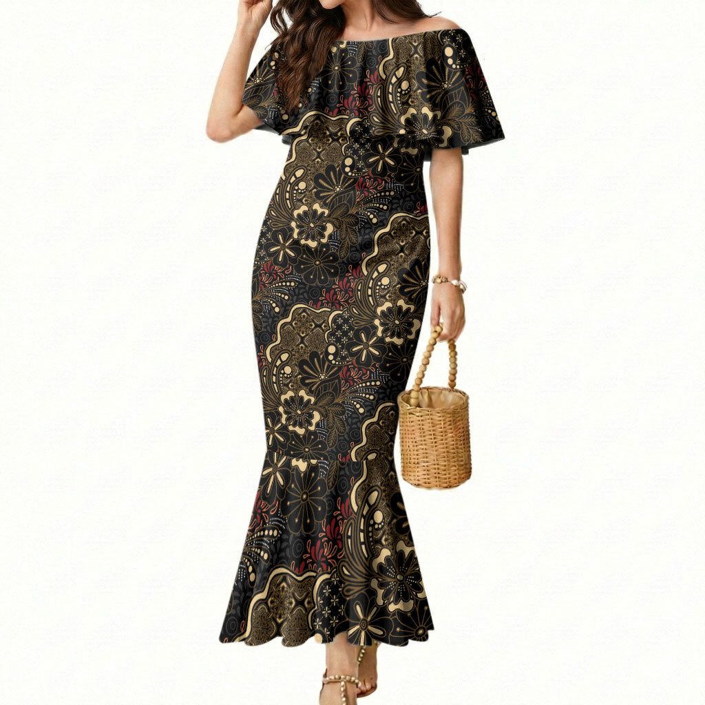 Batik Sekar Jagad Mermaid Dress Indonesian Traditional Pattern LT01 Women Black - Polynesian Pride