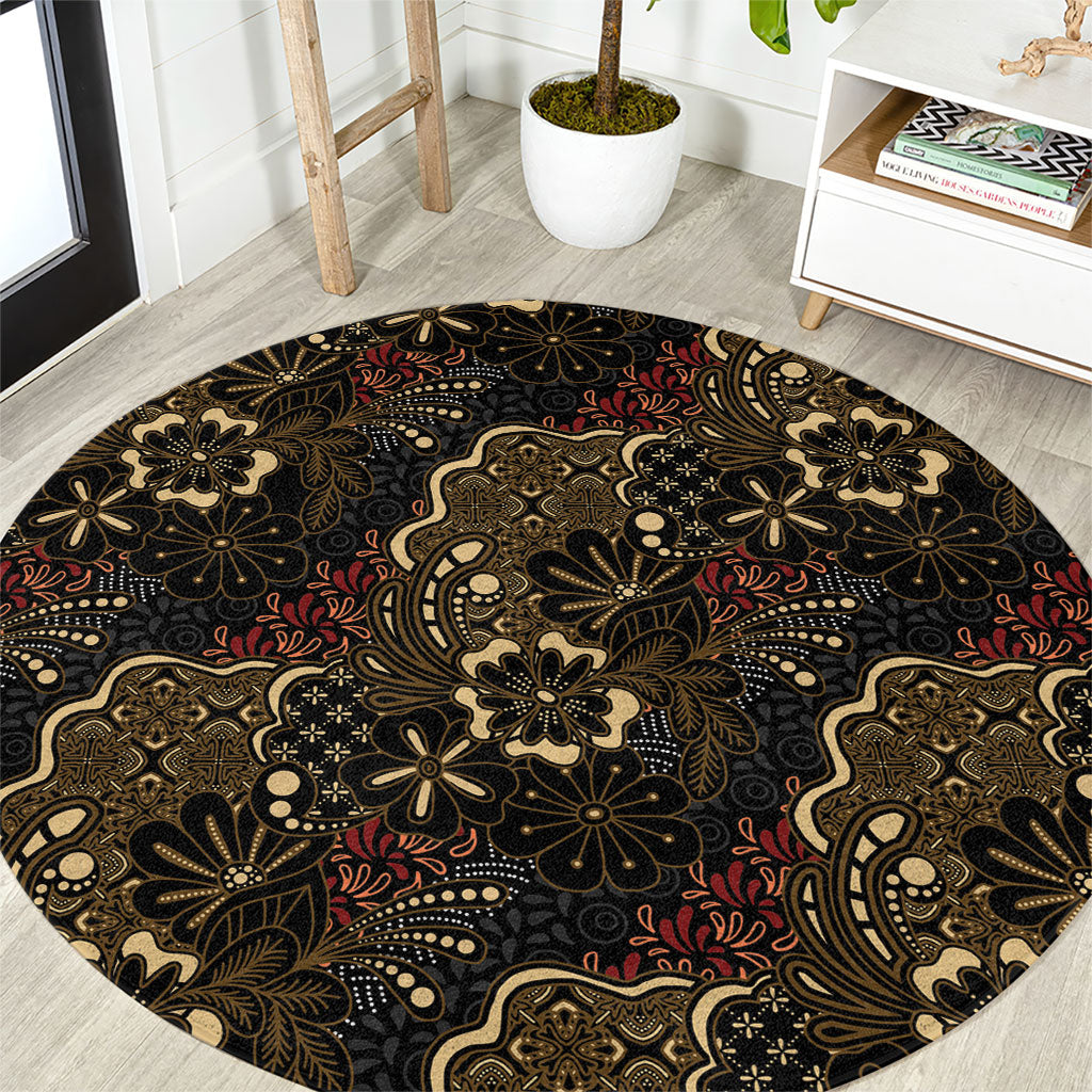 Batik Sekar Jagad Round Carpet Indonesian Traditional Pattern LT01 Black - Polynesian Pride