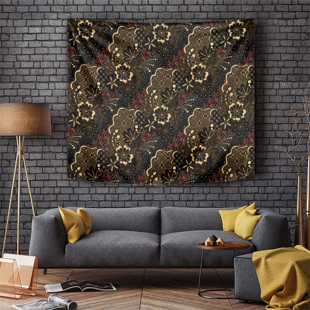 Batik Sekar Jagad Tapestry Indonesian Traditional Pattern LT01 Black - Polynesian Pride