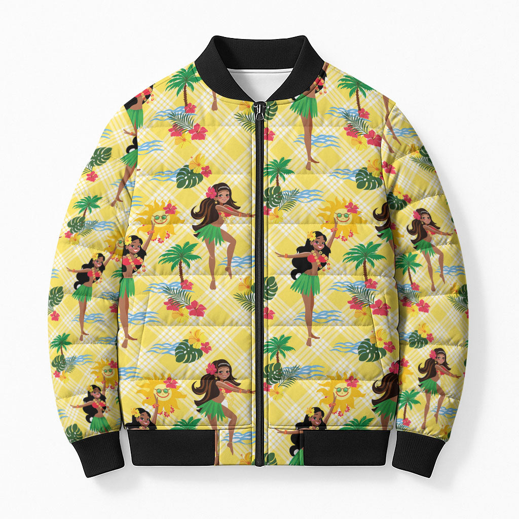 Hawaii Hula Girl Tropical Bomber Puffer Jacket Yellow Palaka LT01 Unisex Yellow - Polynesian Pride