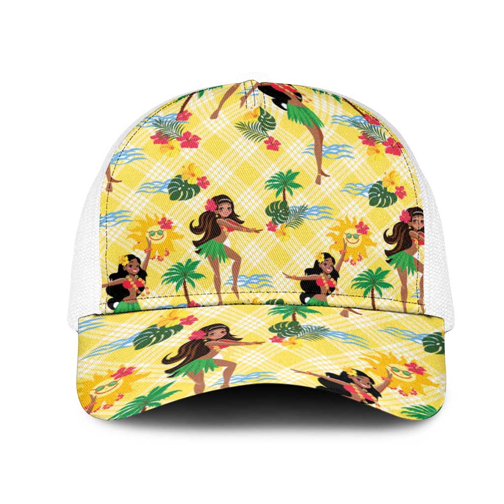 Hawaii Hula Girl Tropical Mesh Trucker Cap Yellow Palaka LT01 One Size White Yellow - Polynesian Pride