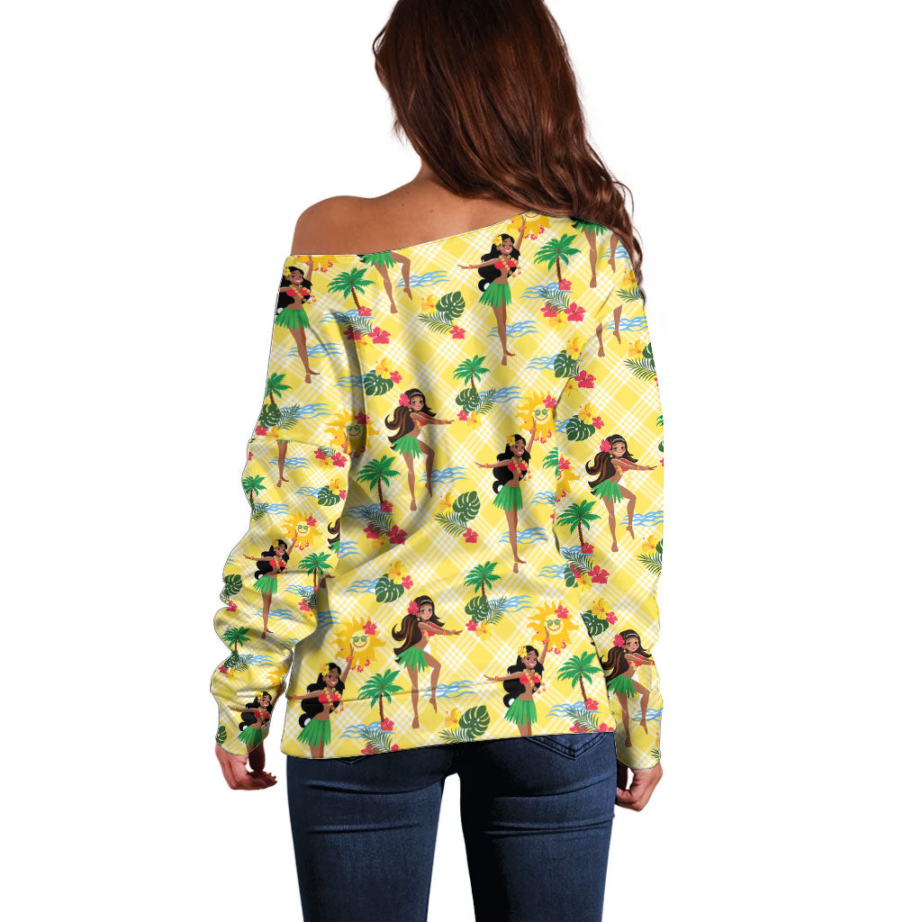 Hawaii Hula Girl Tropical Off Shoulder Sweater Yellow Palaka LT01 - Polynesian Pride