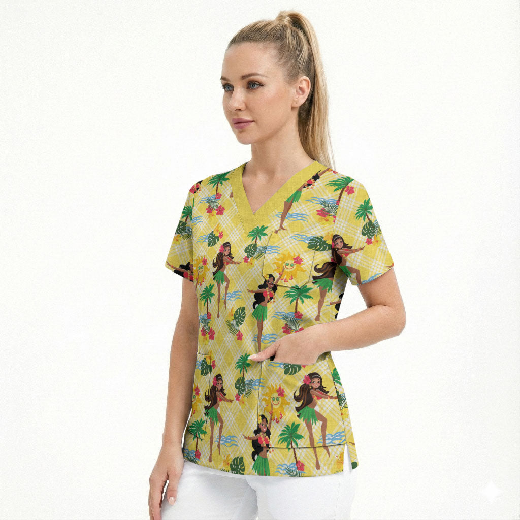 Hawaii Hula Girl Tropical Scrub Top Yellow Palaka LT01 - Polynesian Pride