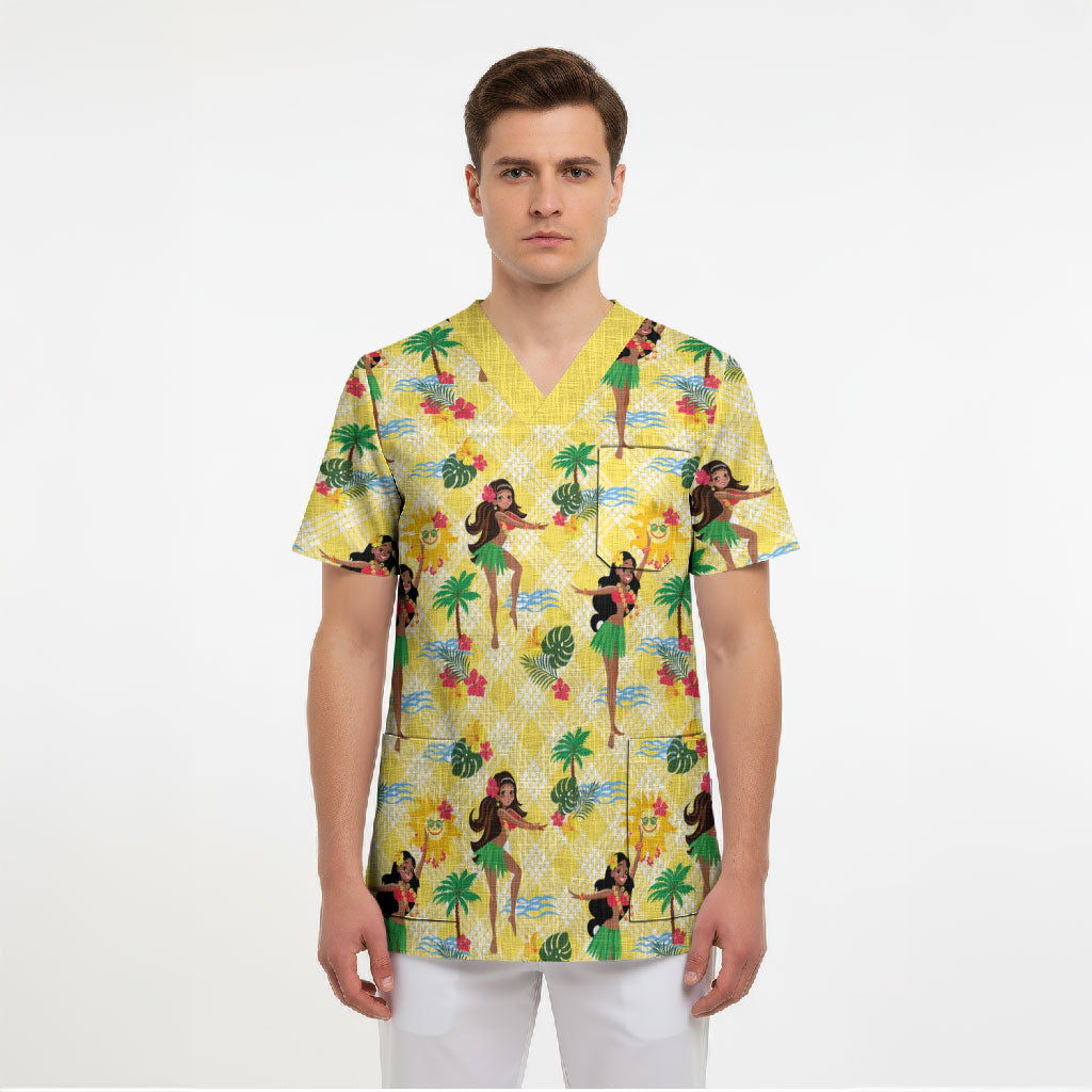Hawaii Hula Girl Tropical Scrub Top Yellow Palaka LT01 - Polynesian Pride