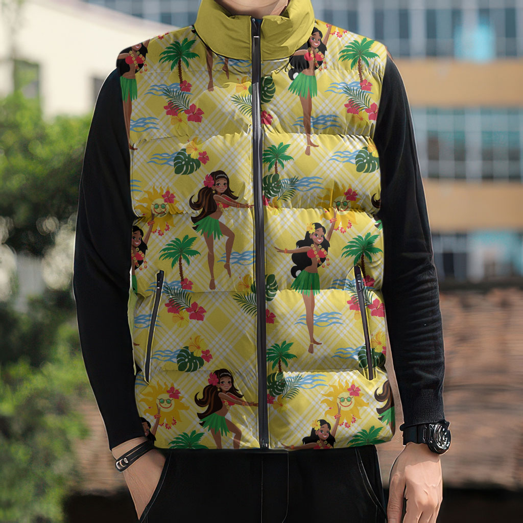 Hawaii Hula Girl Tropical Sleeveless Puffer Jacket Yellow Palaka LT01 - Polynesian Pride