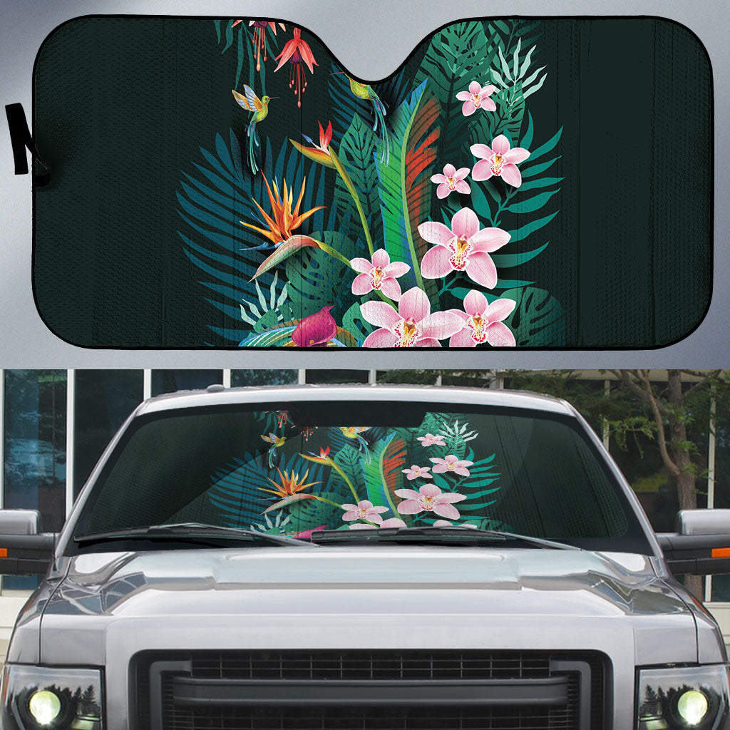 Hawaii Hummingbird Tropical Flowers Auto Sun Shade Dark Green LT01 Green - Polynesian Pride