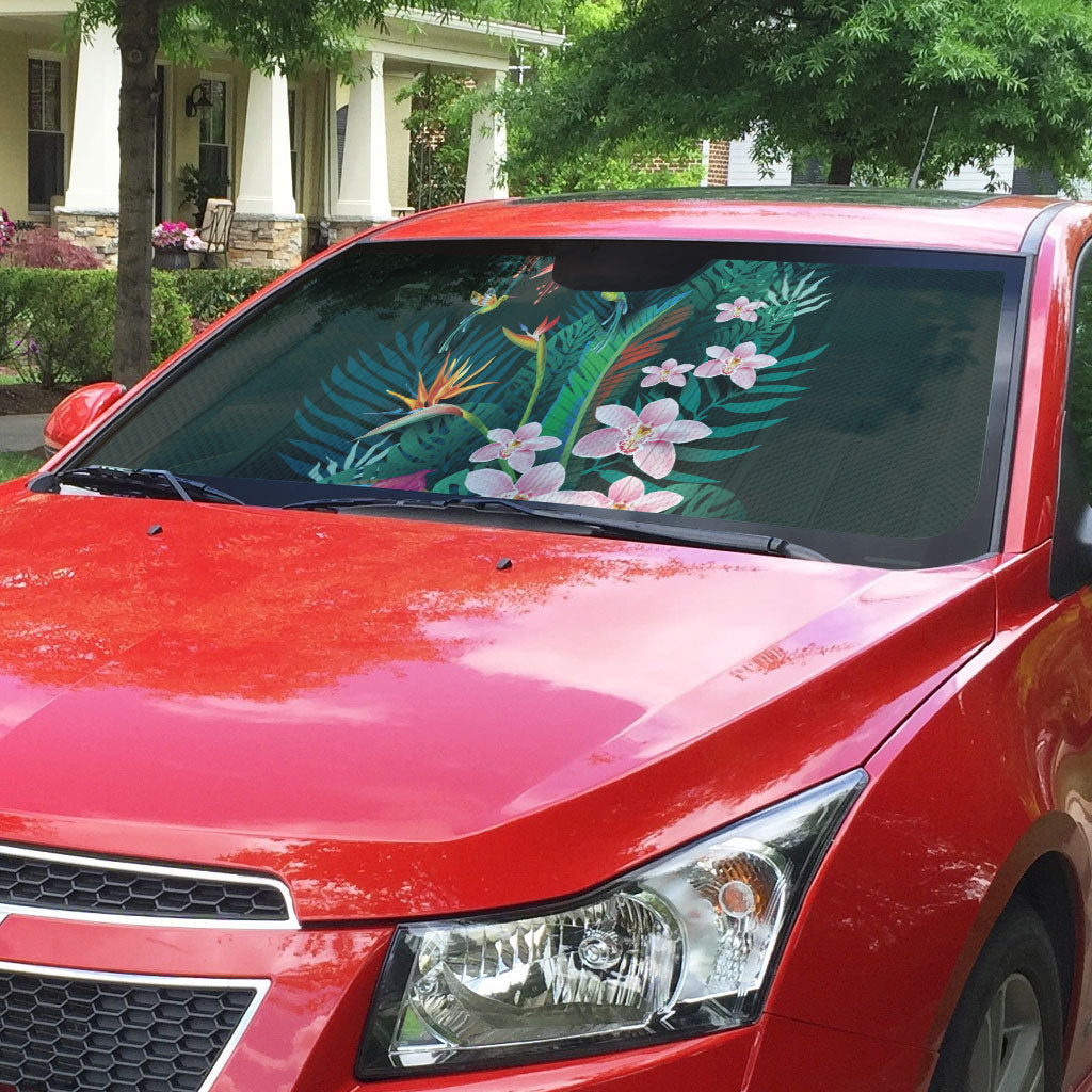Hawaii Hummingbird Tropical Flowers Auto Sun Shade Dark Green LT01 - Polynesian Pride