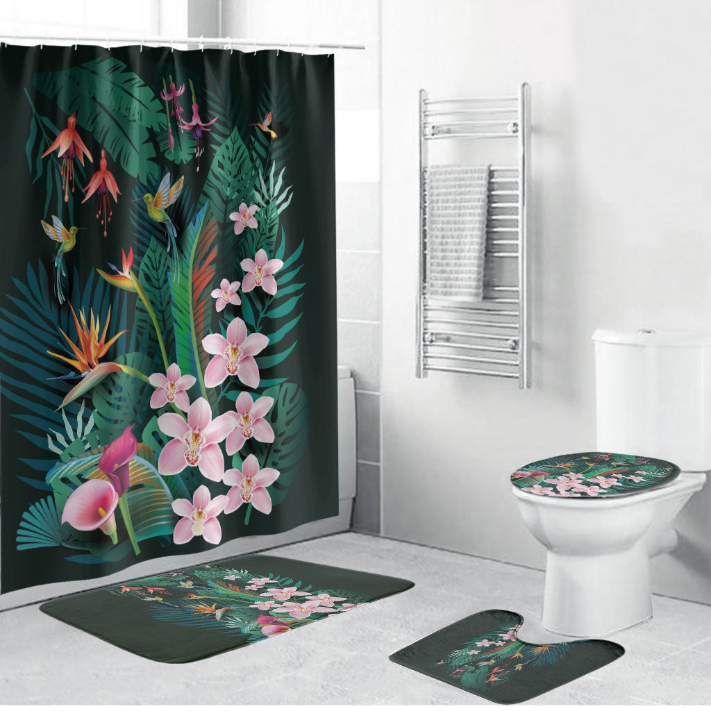 Hawaii Hummingbird Tropical Flowers Bathroom Set Dark Green LT01 Bathroom Set (4 pcs) Green - Polynesian Pride