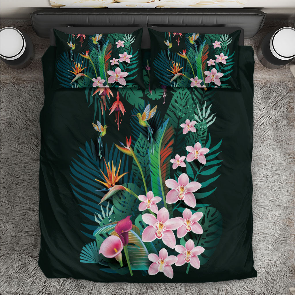 Hawaii Hummingbird Tropical Flowers Bedding Set Dark Green LT01 Green - Polynesian Pride