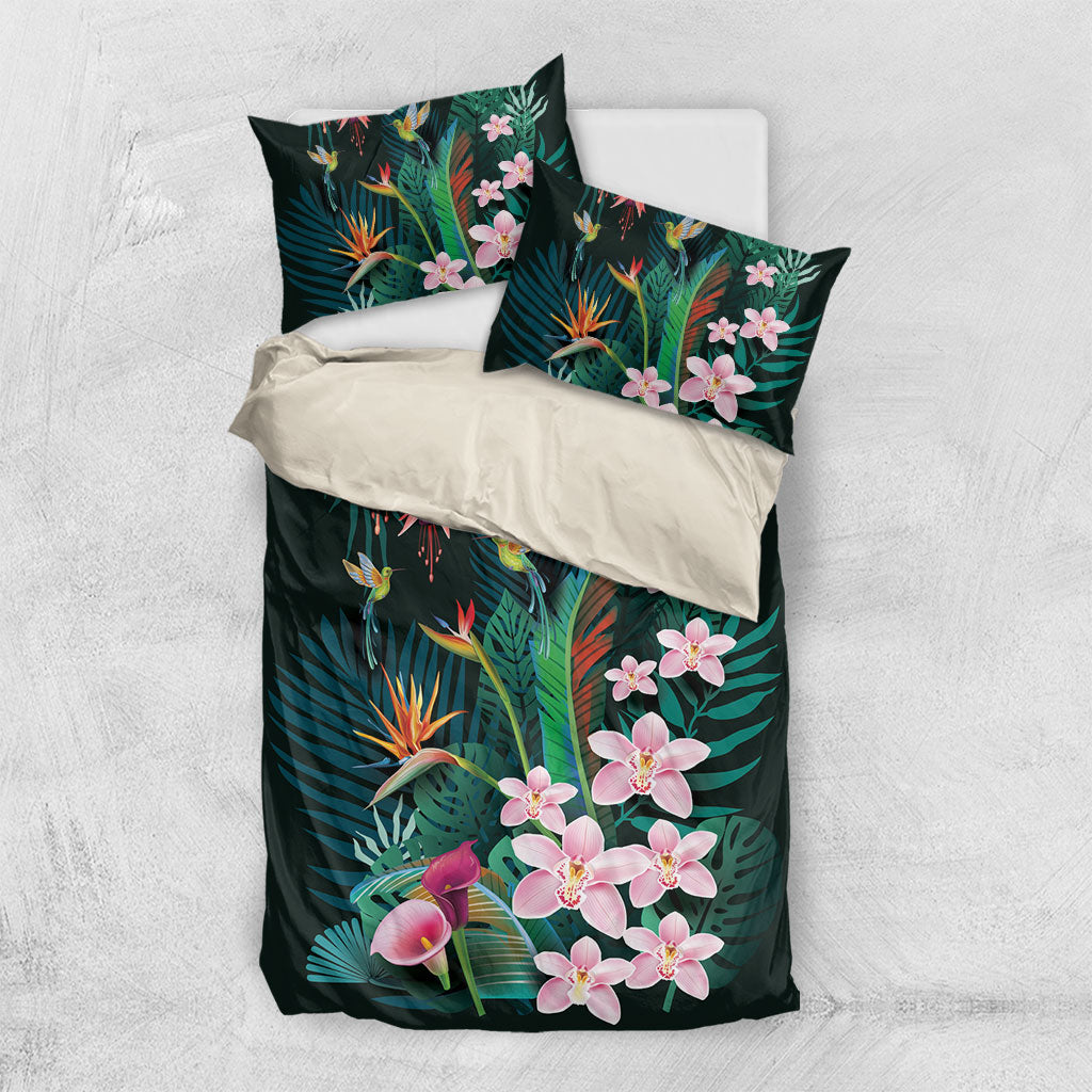Hawaii Hummingbird Tropical Flowers Bedding Set Dark Green LT01 US Twin 172cm x 218cm Green - Polynesian Pride