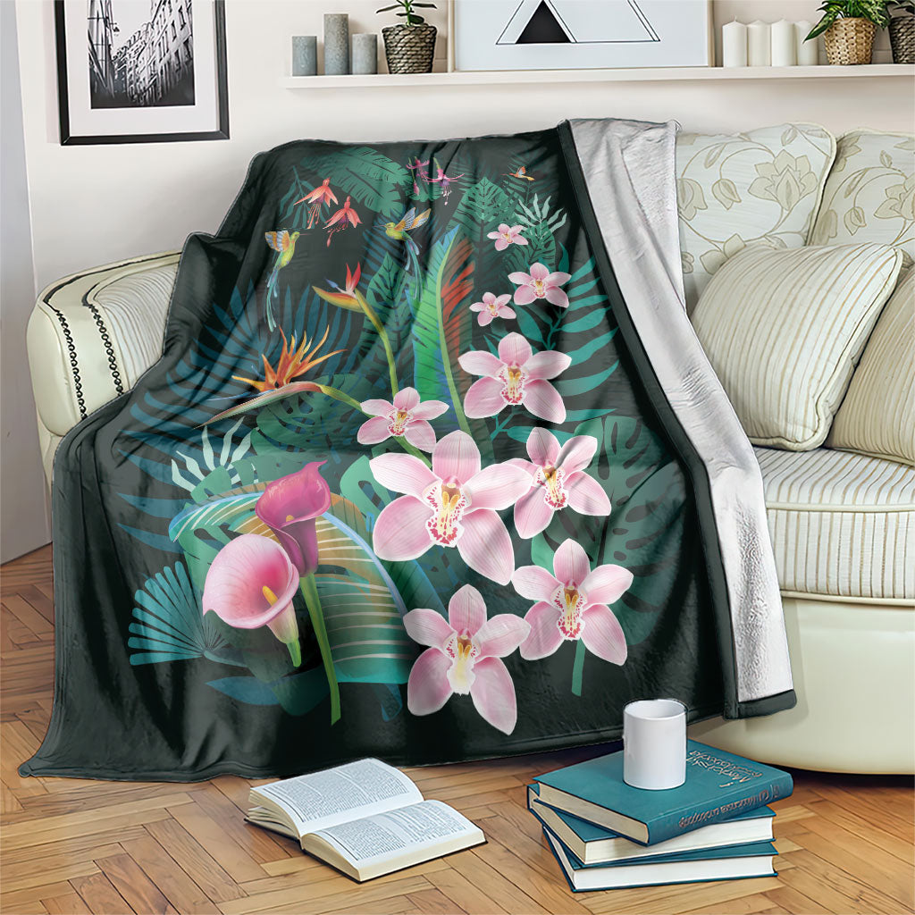 Hawaii Hummingbird Tropical Flowers Blanket Dark Green LT01 Green - Polynesian Pride