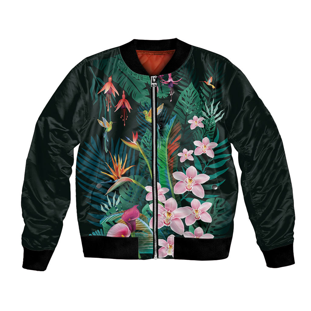 Hawaii Hummingbird Tropical Flowers Bomber Jacket Dark Green LT01 Unisex Green - Polynesian Pride