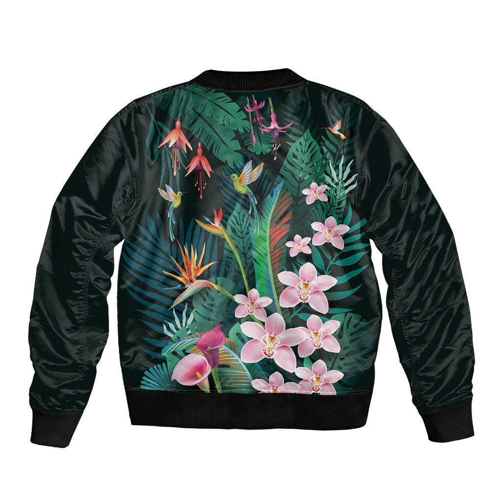 Hawaii Hummingbird Tropical Flowers Bomber Jacket Dark Green LT01 - Polynesian Pride
