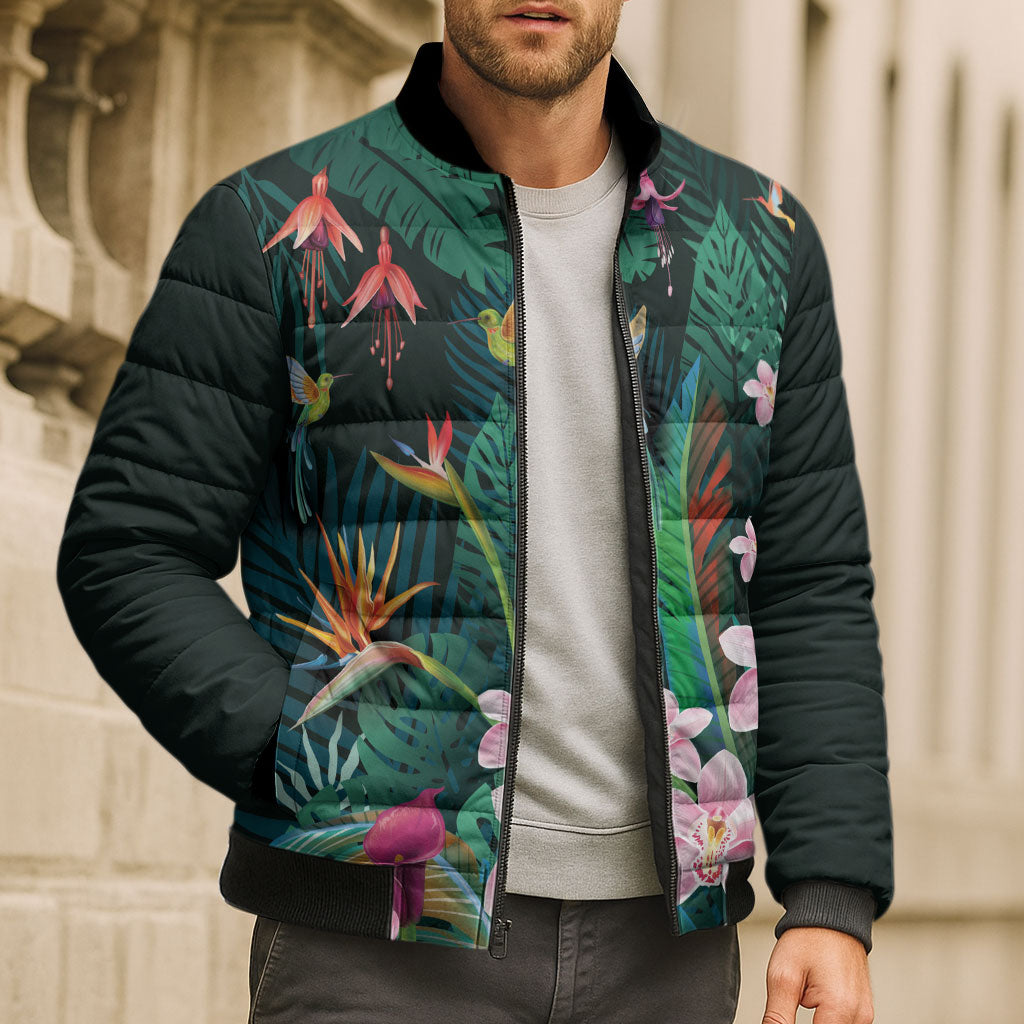 Hawaii Hummingbird Tropical Flowers Bomber Puffer Jacket Dark Green LT01 - Polynesian Pride