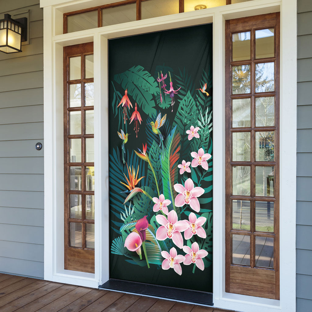 Hawaii Hummingbird Tropical Flowers Door Cover Dark Green LT01 - Polynesian Pride