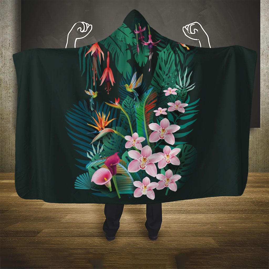 Hawaii Hummingbird Tropical Flowers Hooded Blanket Dark Green LT01 - Polynesian Pride