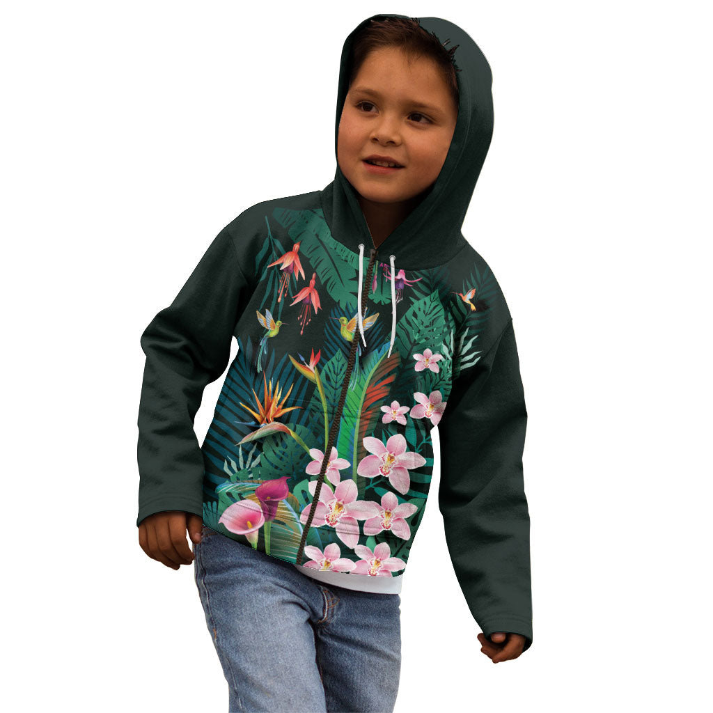Hawaii Hummingbird Tropical Flowers Kid Hoodie Dark Green LT01 - Polynesian Pride