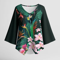 Hawaii Hummingbird Tropical Flowers Kimono Sleeve Blouse Dark Green LT01 Female Green - Polynesian Pride
